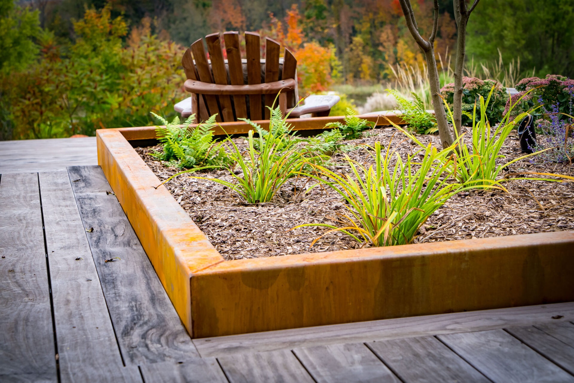 A wooden deck with a raised garden bed featuring green foliage and mulch. In the background, there's an Adirondack chair facing autumn-colored trees.