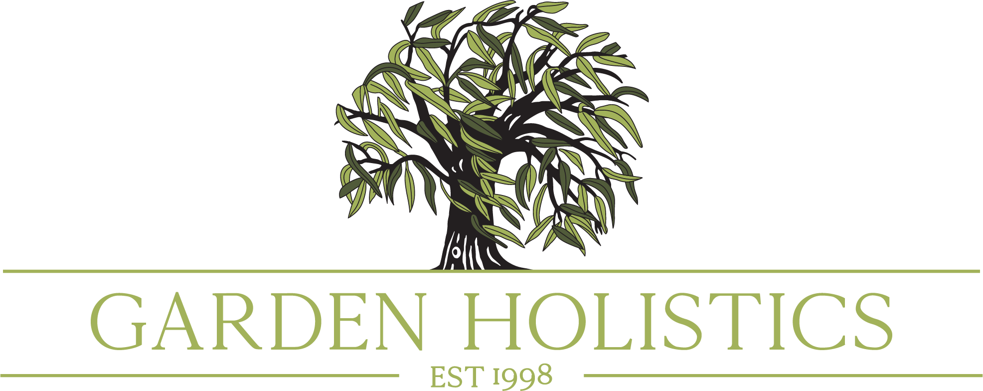 The image features a logo for "Garden Holistics" established in 1998. It includes a stylized green and yellow tree against a dark green background.