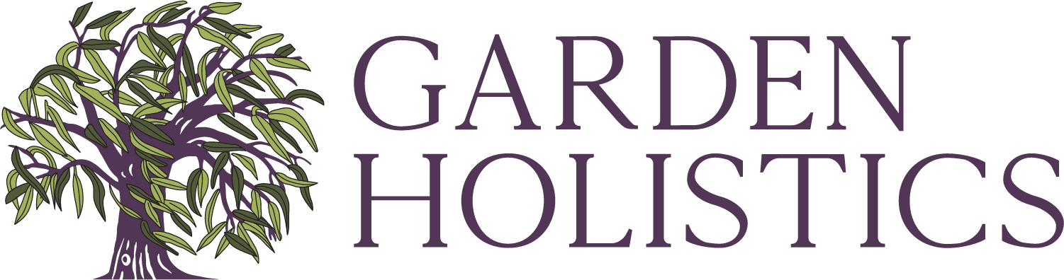 The image features the words "GARDEN HOLISTICS" in purple capital letters accompanied by a stylized green and purple tree illustration on a green background.