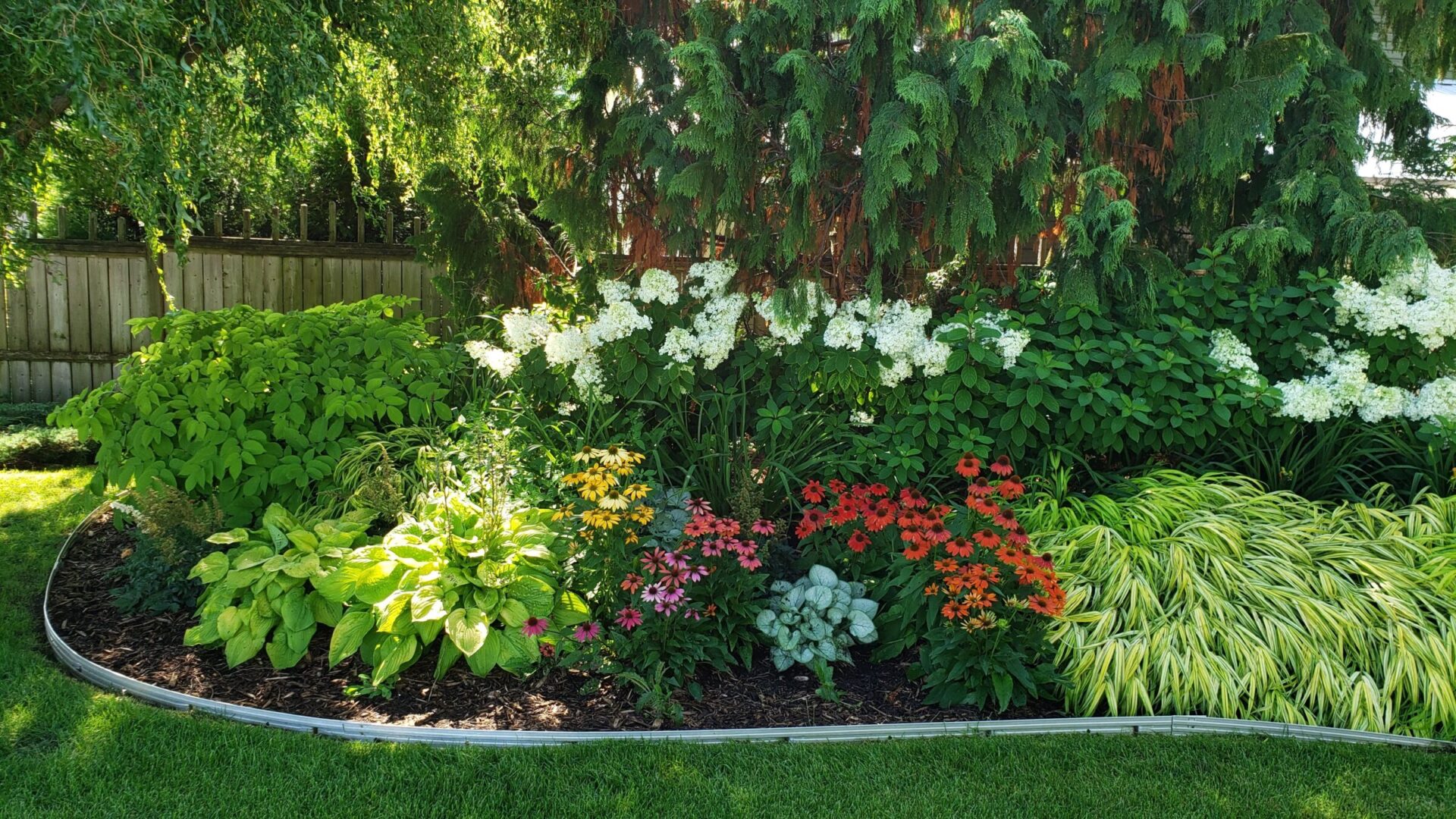 A beautifully landscaped garden with vibrant flowers, lush shrubs, and a wooden fence under a clear sky. Rich greenery creates a serene outdoor environment.