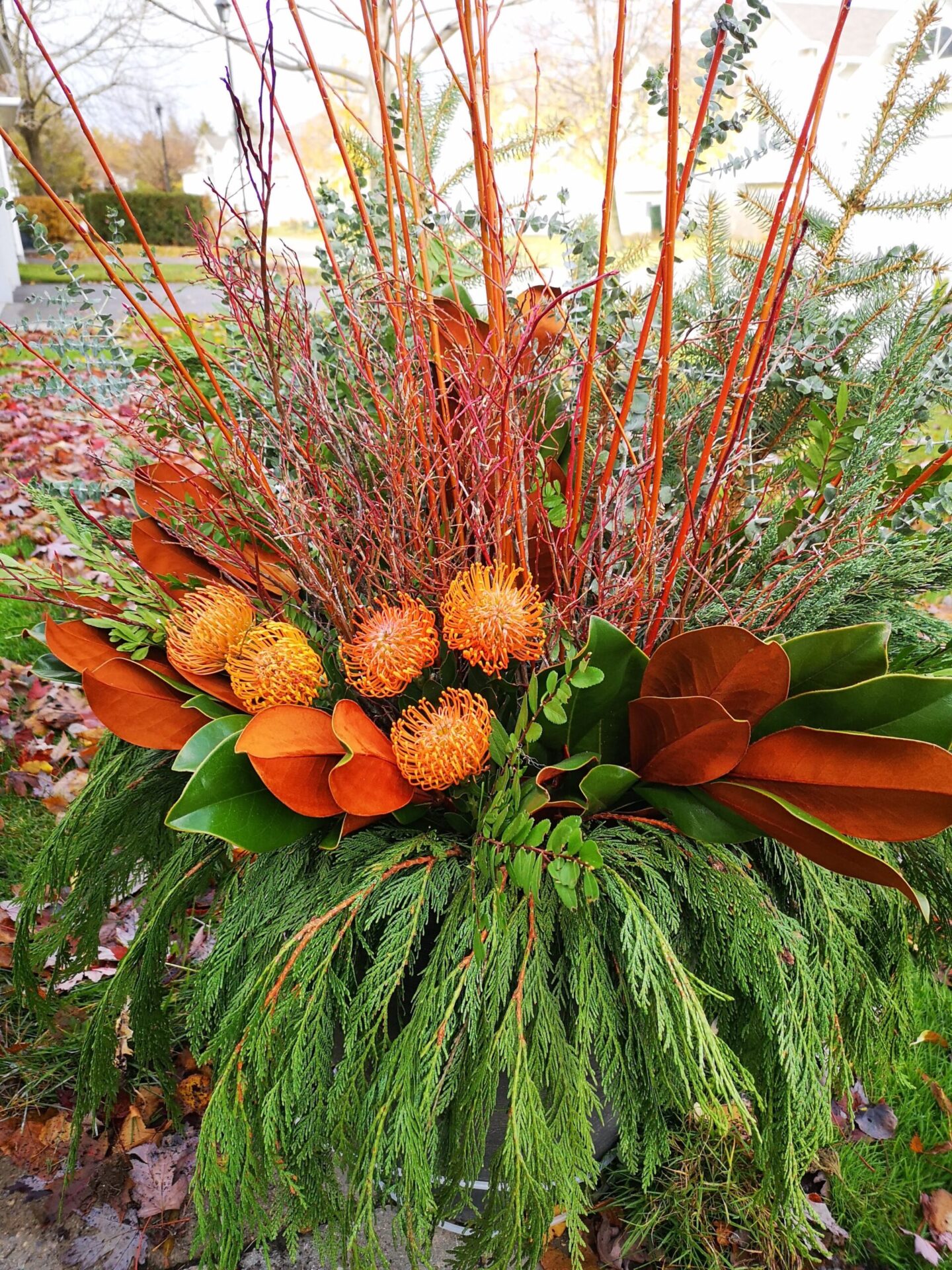 This image shows a vibrant floral arrangement with orange pincushion flowers, red twig accents, cascading greenery, and broad leaves set against an outdoor backdrop.