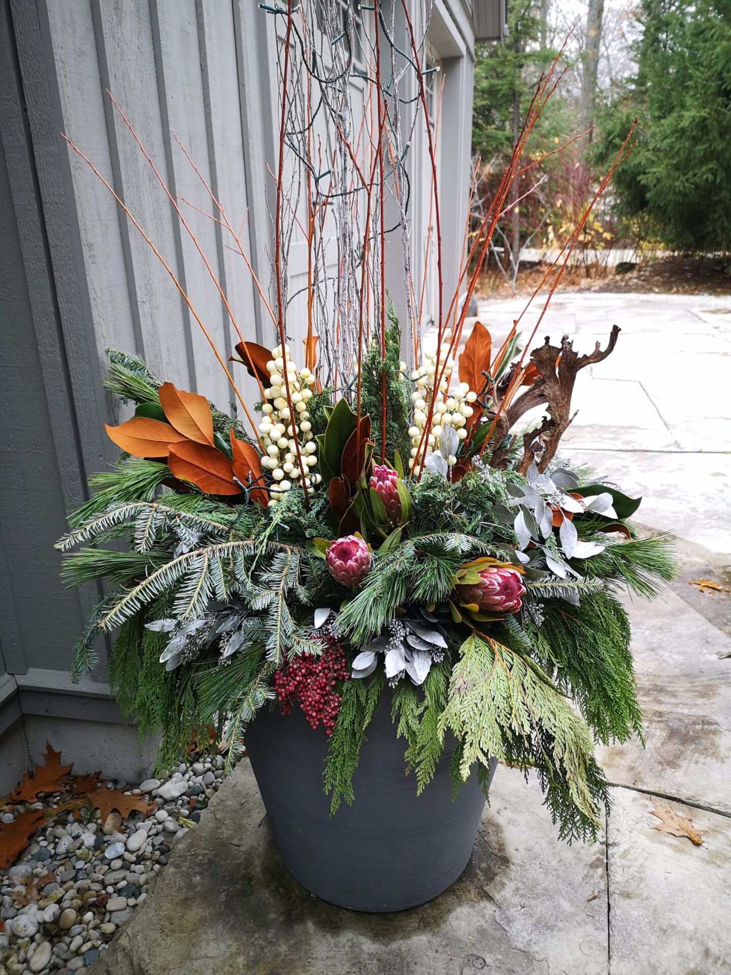 A winter-themed plant arrangement in a grey pot, featuring evergreens, berries, pinecones, and twigs, against a wooden house siding with a natural backdrop.