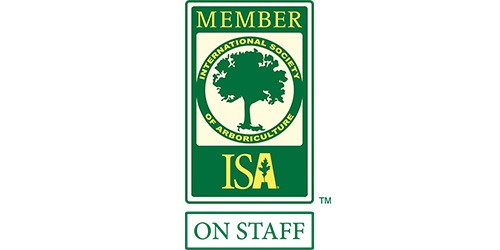 This image shows a green and white emblem for the International Society of Arboriculture (ISA) indicating membership and "ON STAFF" status. It includes a tree graphic.