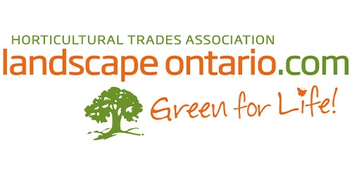 This image shows a logo for Landscape Ontario.com with a green tree illustraion, the tagline "Green for Life," and mentions the Horticultural Trades Association.