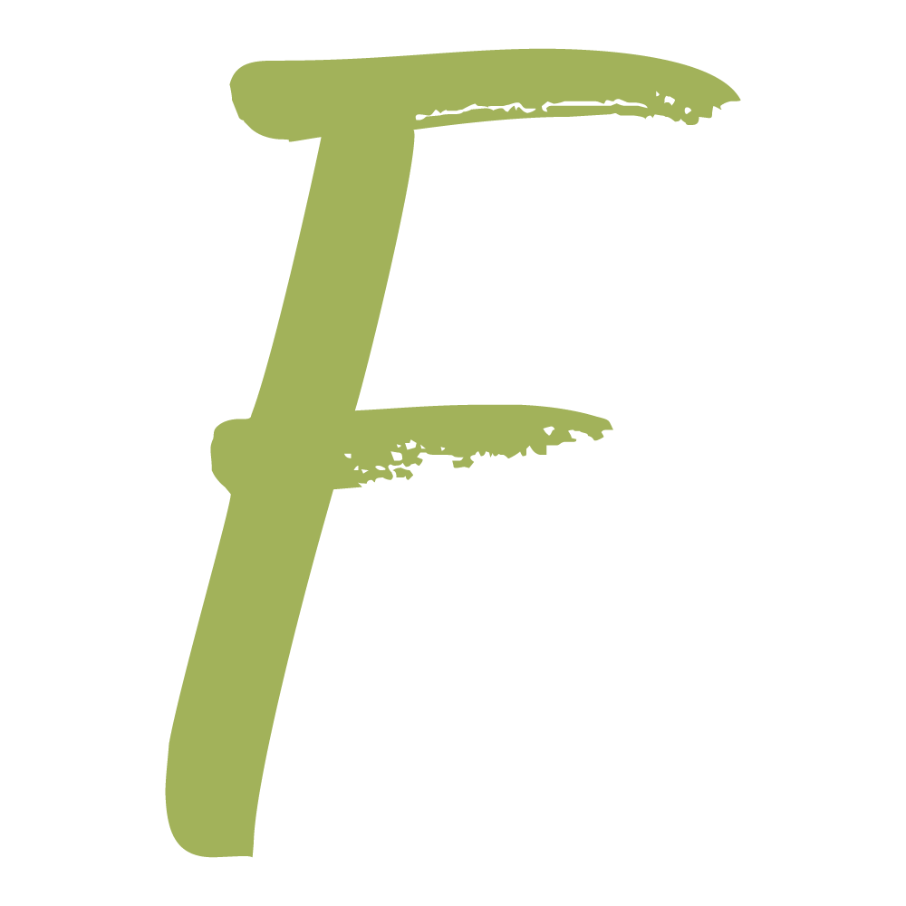 The image displays a large, brushstroke-style letter "F" in a bright yellow color set against a solid dark green background.