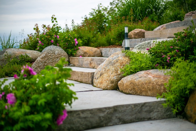 A landscaped garden with large stones, stepping stones, lush greenery, and pink flowers. There's a modern lamp post amidst the natural setting.