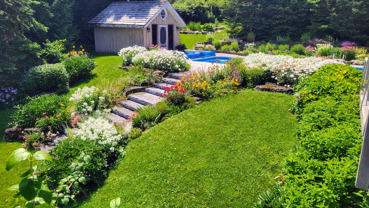 Lush garden landscape featuring stone steps surrounded by vibrant flowers, leading to a pool and a charming wooden shed, all framed by dense greenery and trees.