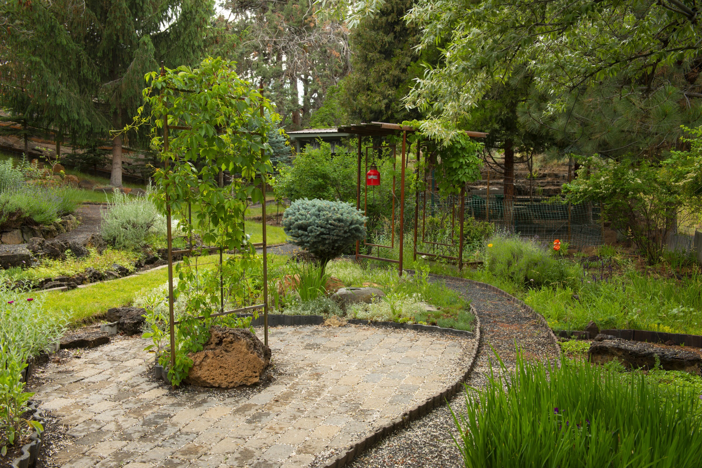 A small estate landscaped garden the lush trees, paths and a red accent hanging bell chime